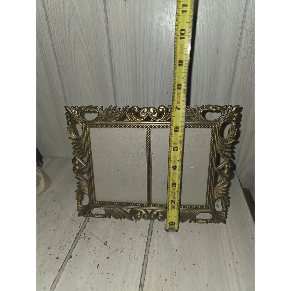 Vintage Solid Brass Ornate Small Double Picture Frame Rose Motif 3x5